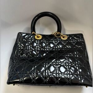Vintage DIOR Lady Dior Bag - Large Black Quilted Patent Leather